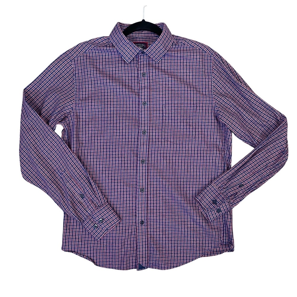 UNTUCKit Mens Slim Fit Plaid Button‎ Down Shirt Medium Navy Blue Red Cotton